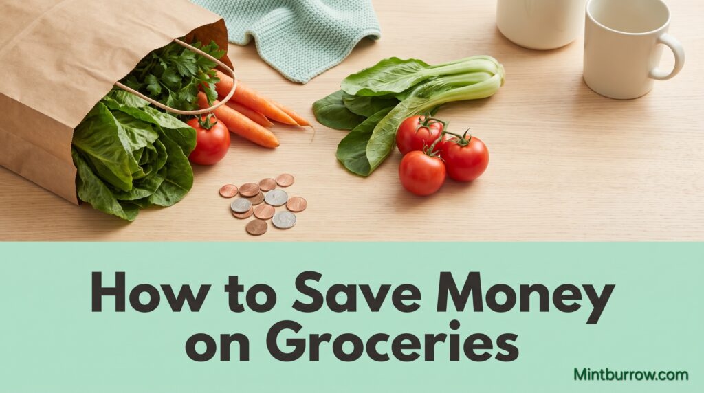 How to save money on groceries grocery bag with fresh vegetables and coins