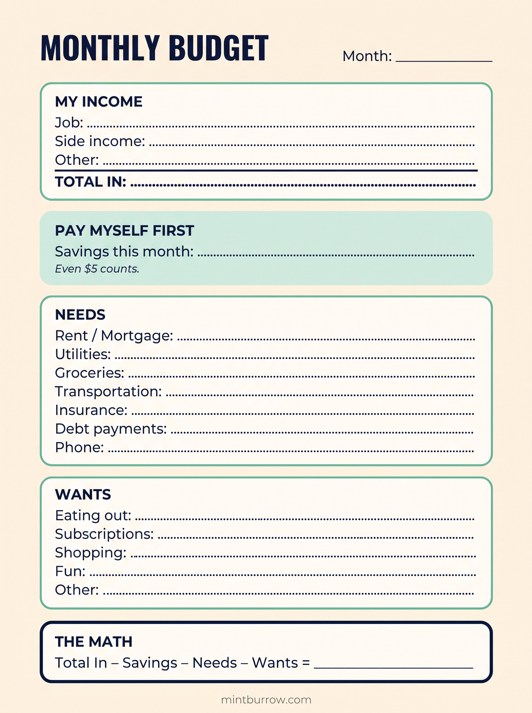 The Monthly Budget page from the MintBurrow planner, with sections for income, savings, needs and wants