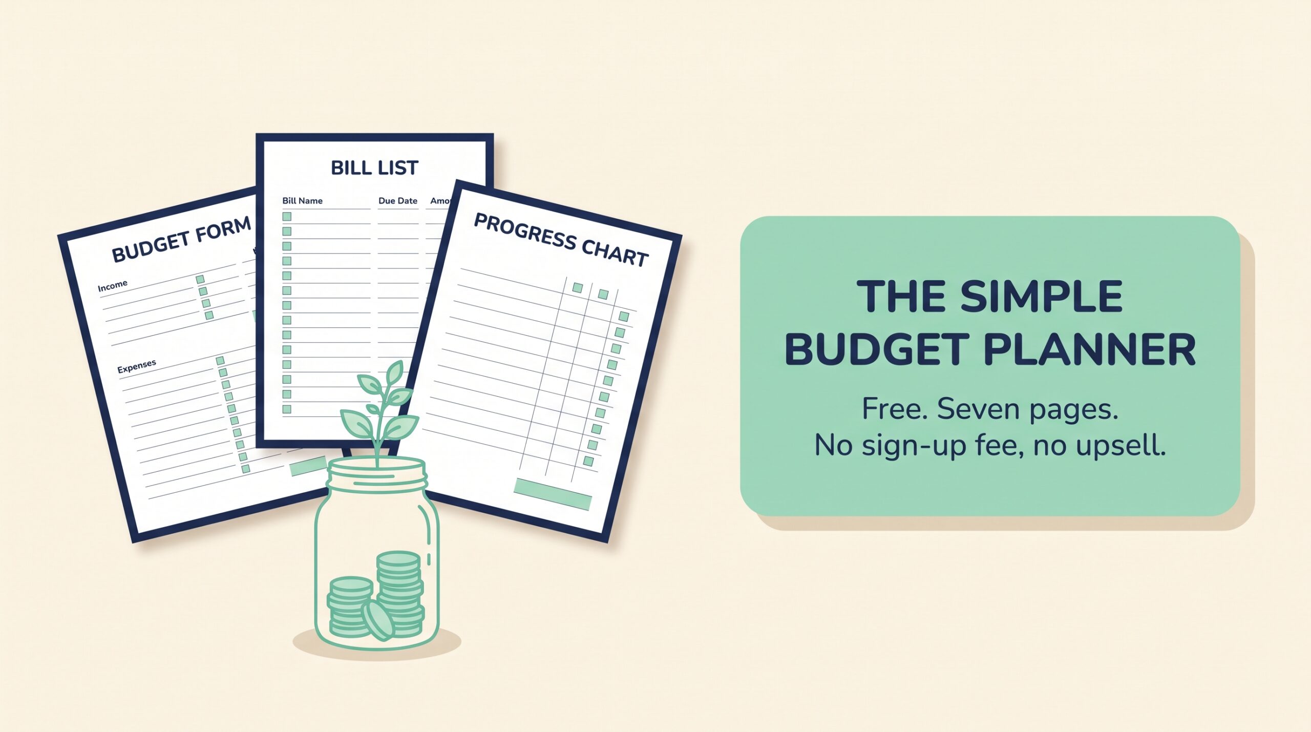 Three printable budget worksheet pages beside a mason jar filled with coins and a growing plant, showing the free MintBurrow budget planner