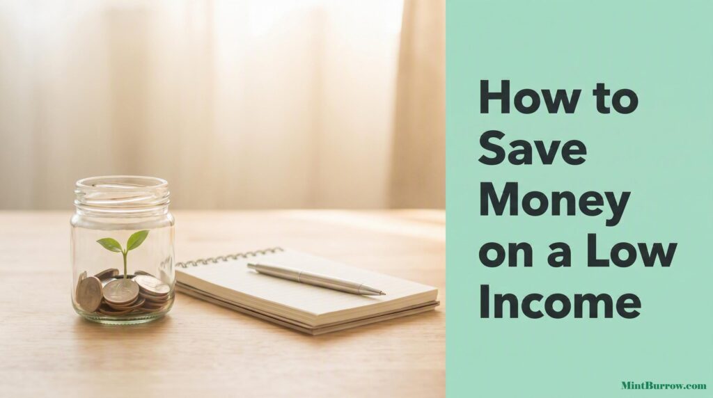 How to save money on a low income - small jar of coins with a growing sprout