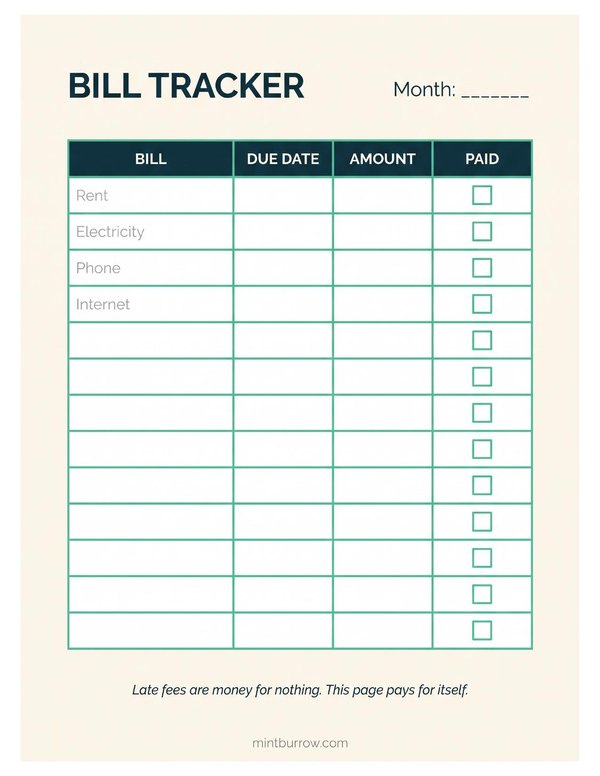 The Bill Tracker page from the MintBurrow planner, with columns for bill name, due date, amount and a paid checkbox