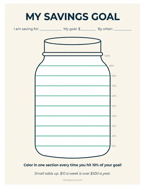 The Savings Goal page from the MintBurrow planner, showing a jar divided into ten sections to color in