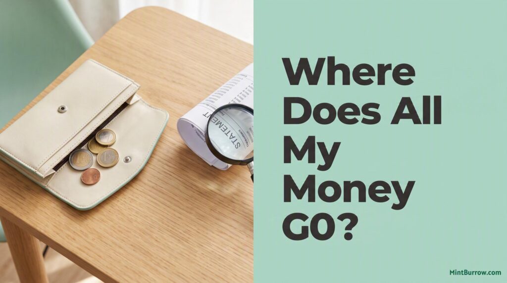 Where does my money go - wallet and bank statement with magnifying glass